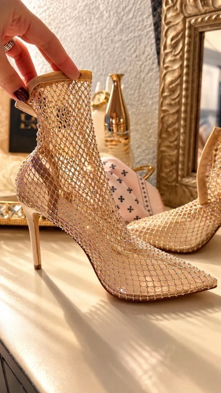 Glamorous Nude Rhinestone Mesh Ankle Boots