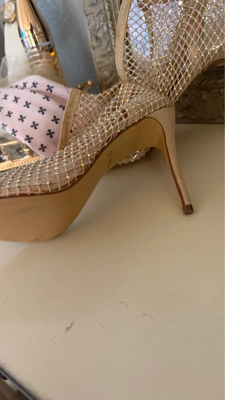 Glamorous Nude Rhinestone Mesh Ankle Boots