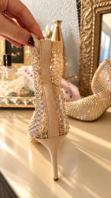 Glamorous Nude Rhinestone Mesh Ankle Boots
