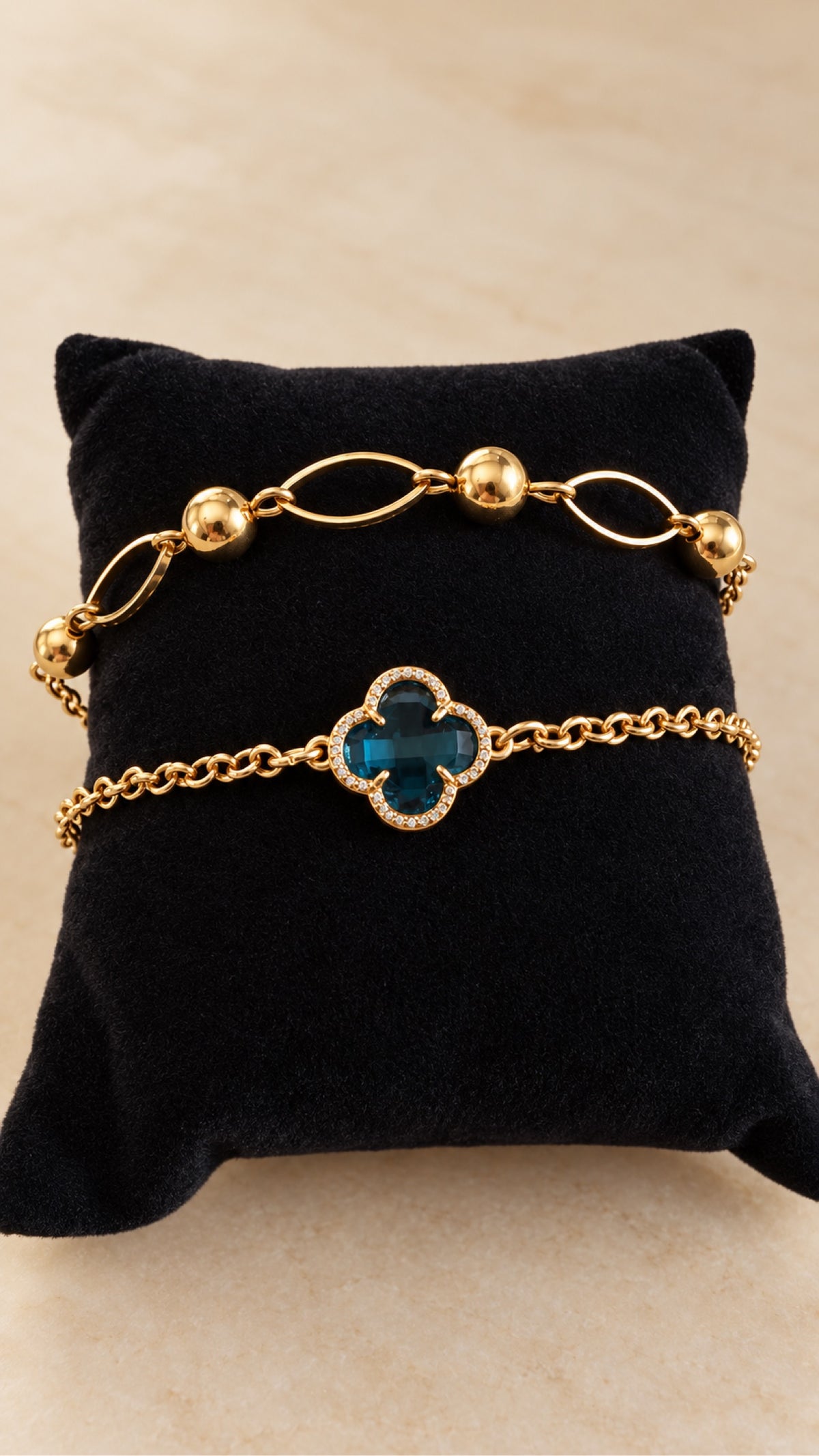 Gold Bead Link Bracelet – 18K Gold Plated on display cushion