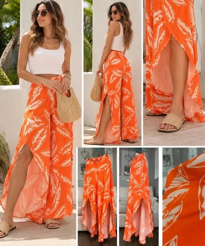 Orange Tropical Wide Leg Pants - High Slit Palazzo