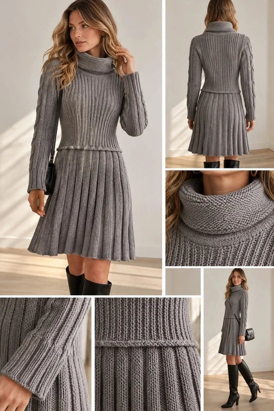Elegant Gray Cable Knit Sweater Dress - front