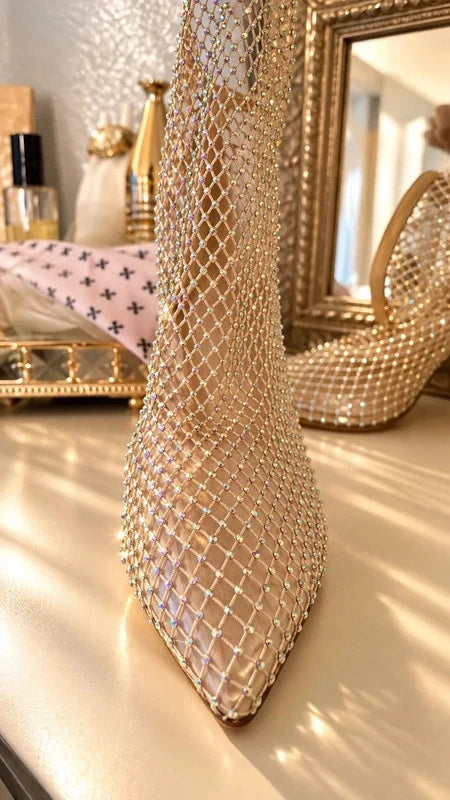 Glamorous Nude Rhinestone Mesh Ankle Boots