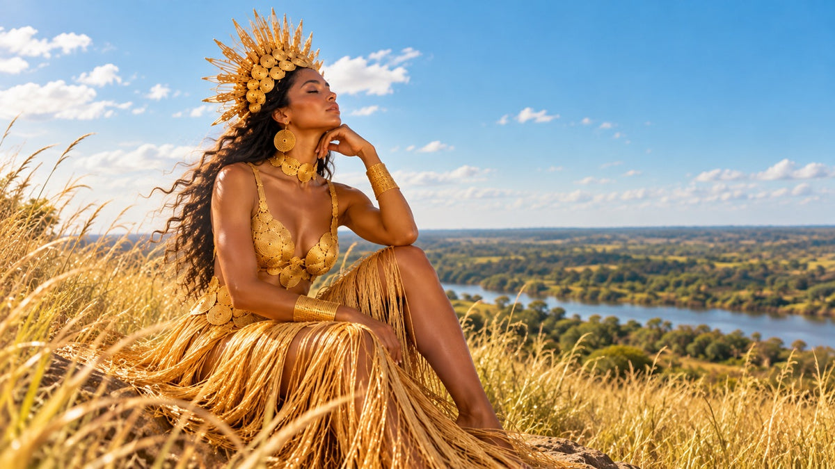 Reina sentada en el pasto con vestuario de capim dourado
